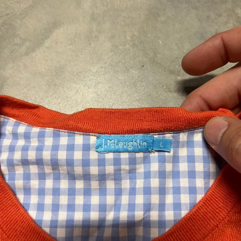 J.McLaughlin Womens Orange Cotton Modal Blend Gingham Trim Cardigan Sweater L